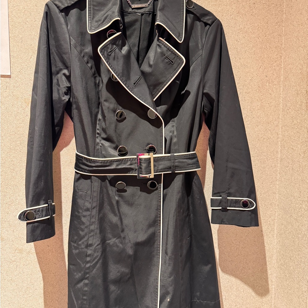 White House Black Market Black Trench Coat with White Piping